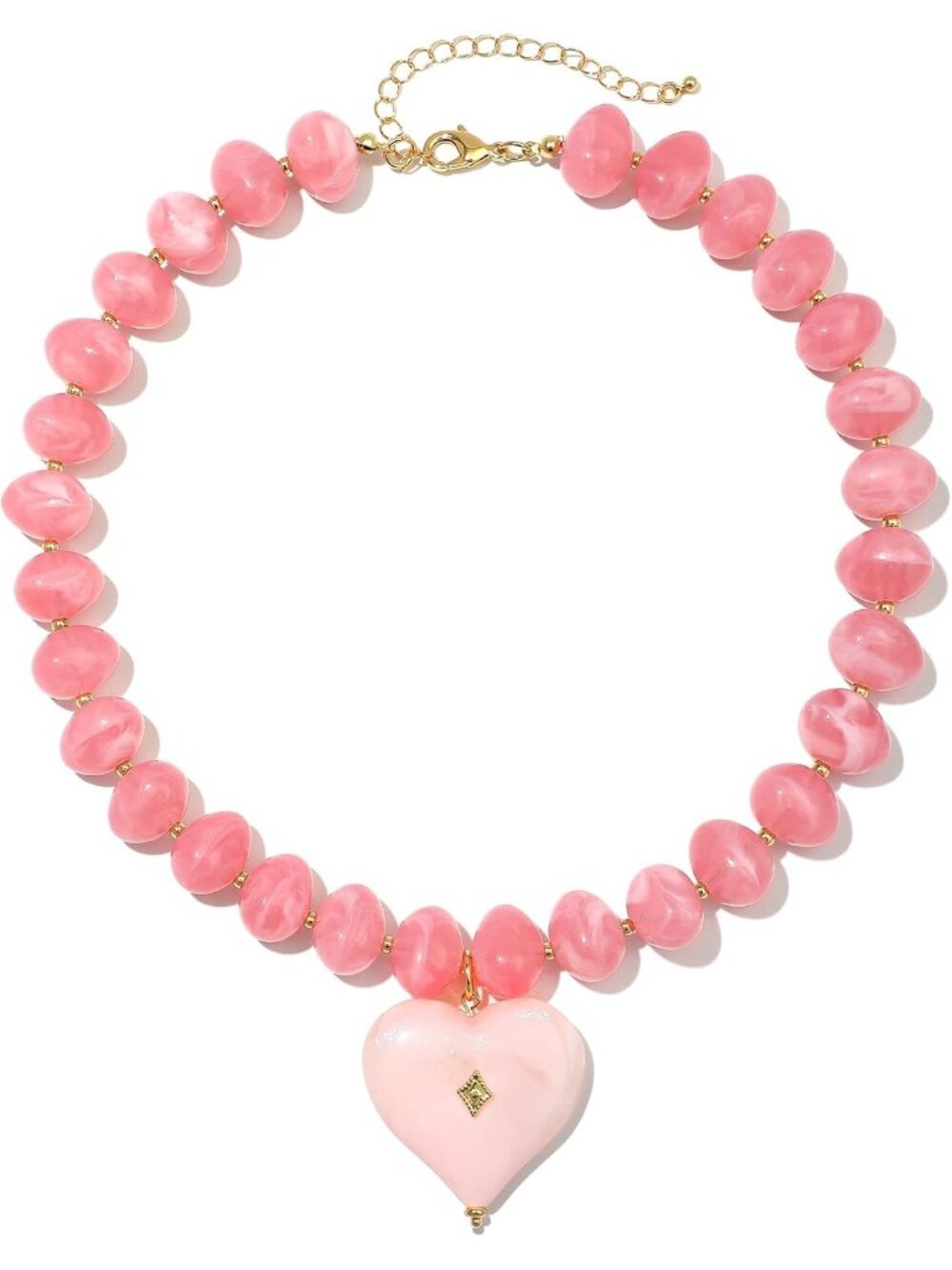 Women's Pink Acrylic Chunky Beaded Heart Pendant Necklace Choker Jewelry